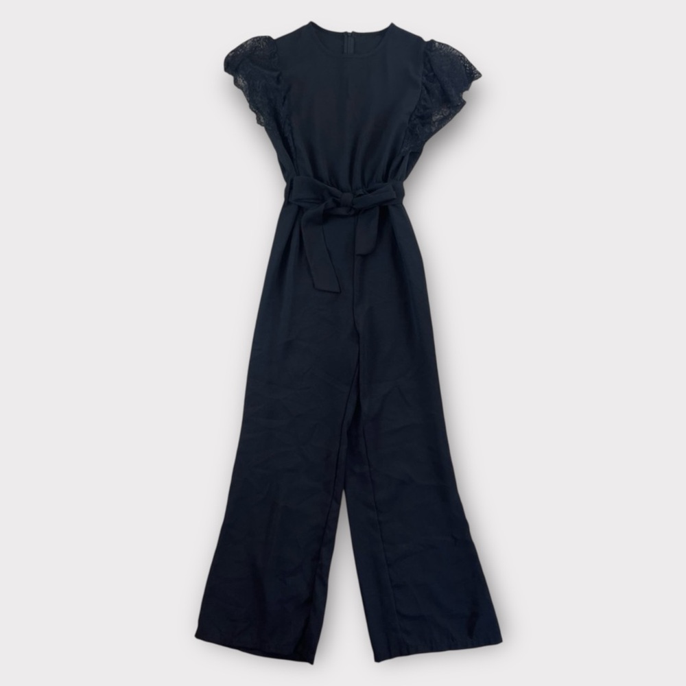 SHEIN Lace Flutter Sleeve Belted Wide Leg Jumpsuit Black Size Small NWOT - Picture 3 of 6